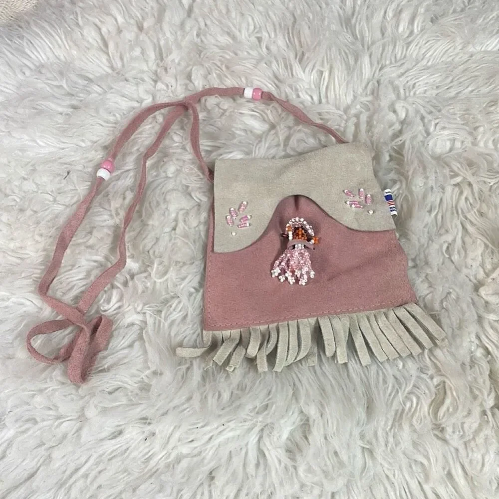 Southwestern Leather Girls Purse Crossbody Bag Beaded Doll Fringe Made in USA